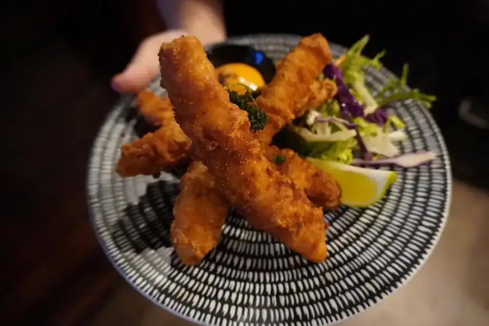 Crumbed fish strips with fresh salad on a dark plate